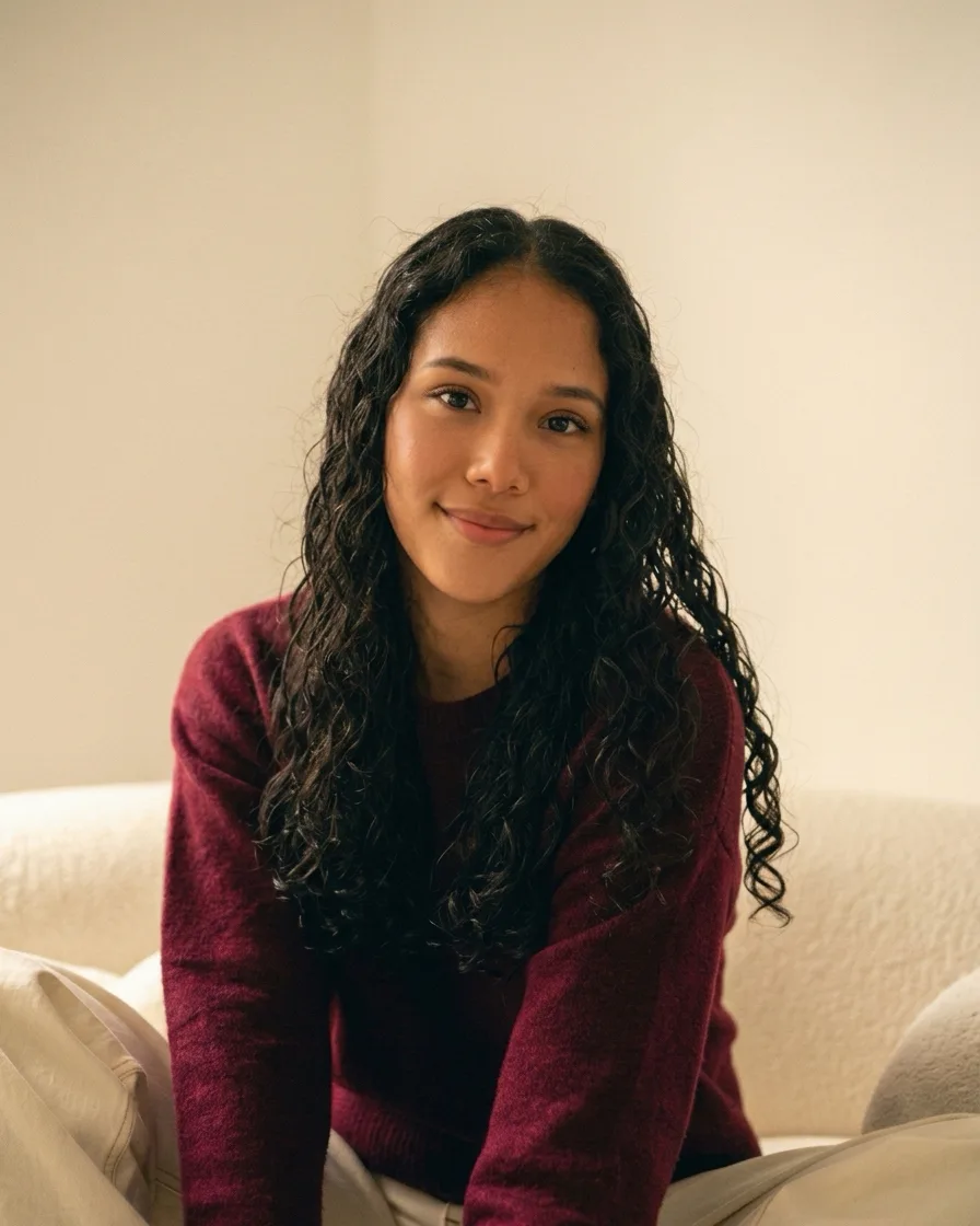 Claudia Cabrera, psicóloga, sentada y sonriendo